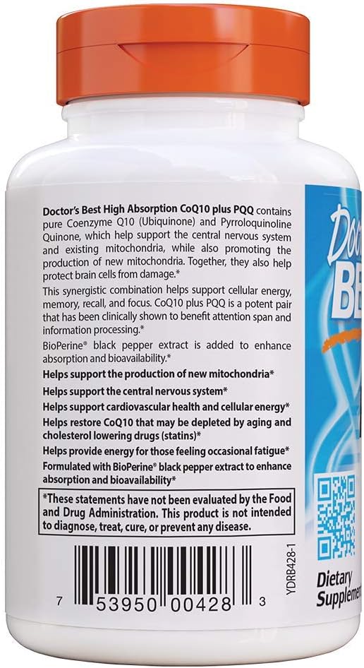 High Absorption CoQ10 Plus PQQ for Cognitive Support - USP Verified, Naturally Fermented, Non-GMO, Gluten Free, Soy Free, Vegan - 60 Veggie Capsules