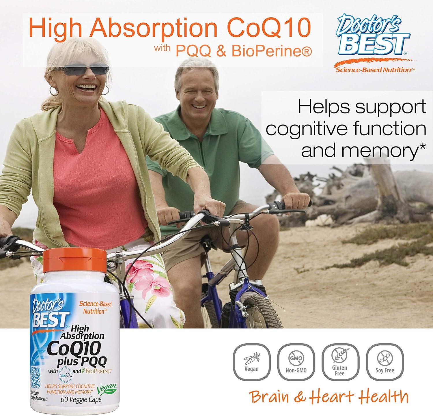 High Absorption CoQ10 Plus PQQ for Cognitive Support - USP Verified, Naturally Fermented, Non-GMO, Gluten Free, Soy Free, Vegan - 60 Veggie Capsules