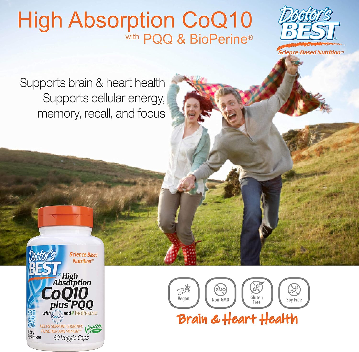 High Absorption CoQ10 Plus PQQ for Cognitive Support - USP Verified, Naturally Fermented, Non-GMO, Gluten Free, Soy Free, Vegan - 60 Veggie Capsules
