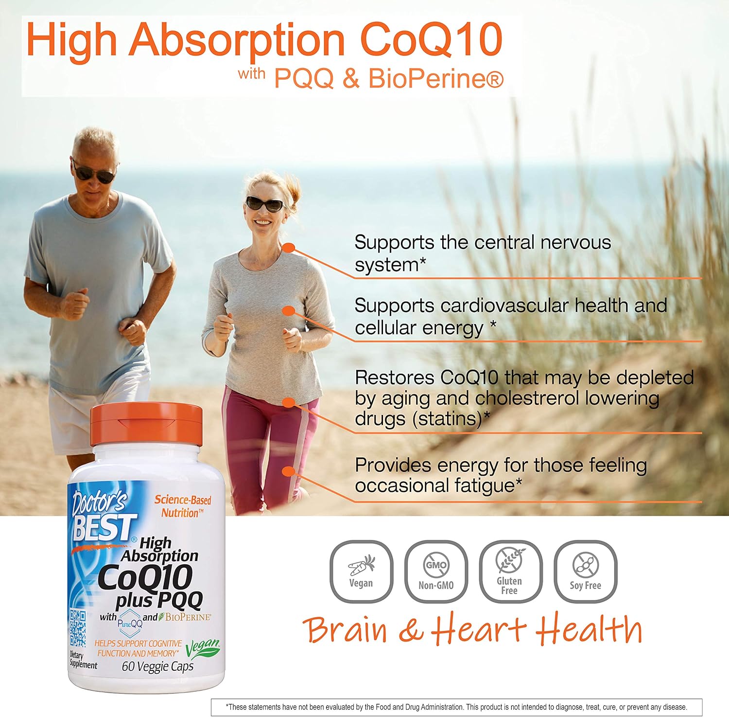 High Absorption CoQ10 Plus PQQ for Cognitive Support - USP Verified, Naturally Fermented, Non-GMO, Gluten Free, Soy Free, Vegan - 60 Veggie Capsules