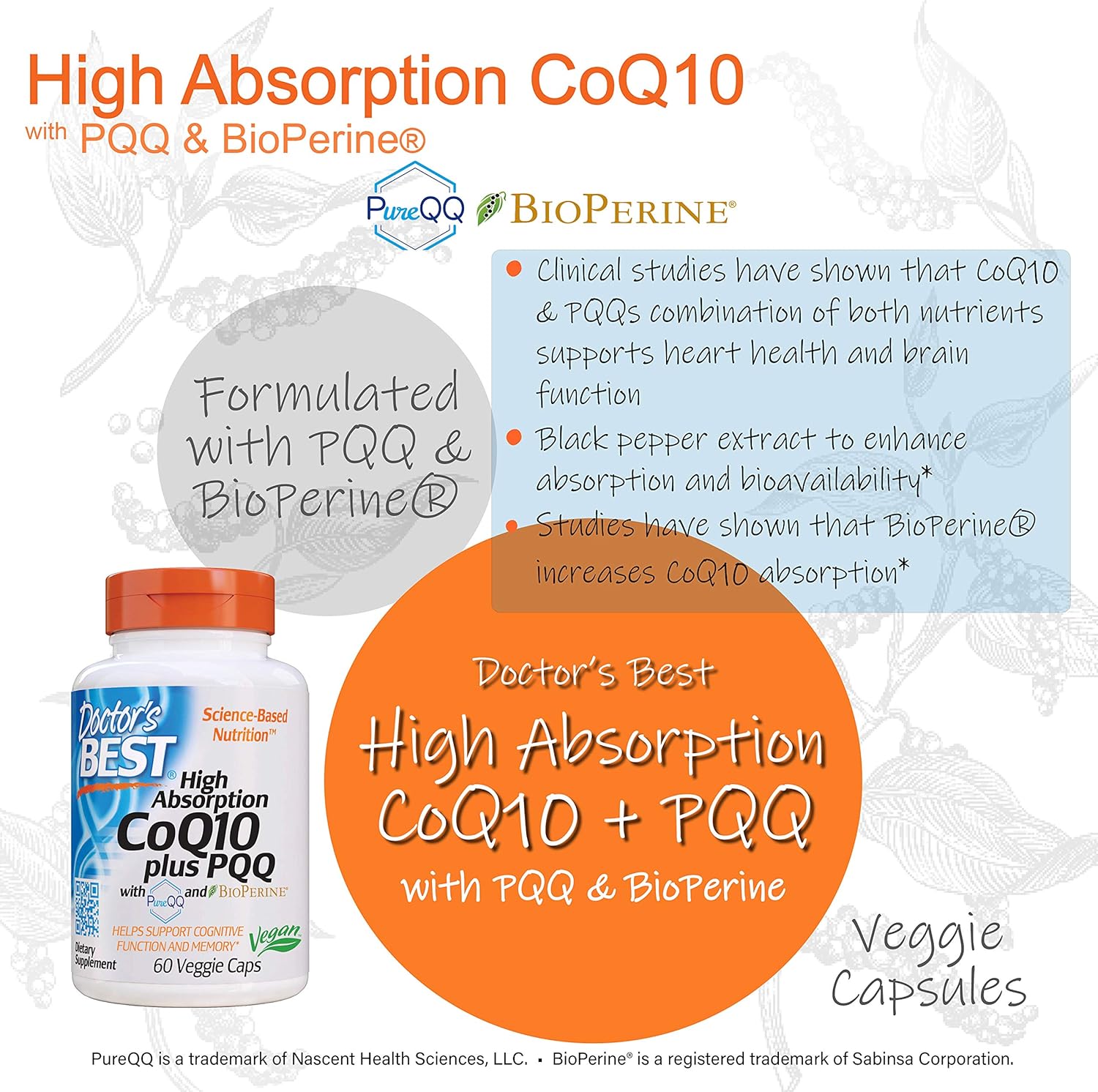 High Absorption CoQ10 Plus PQQ for Cognitive Support - USP Verified, Naturally Fermented, Non-GMO, Gluten Free, Soy Free, Vegan - 60 Veggie Capsules