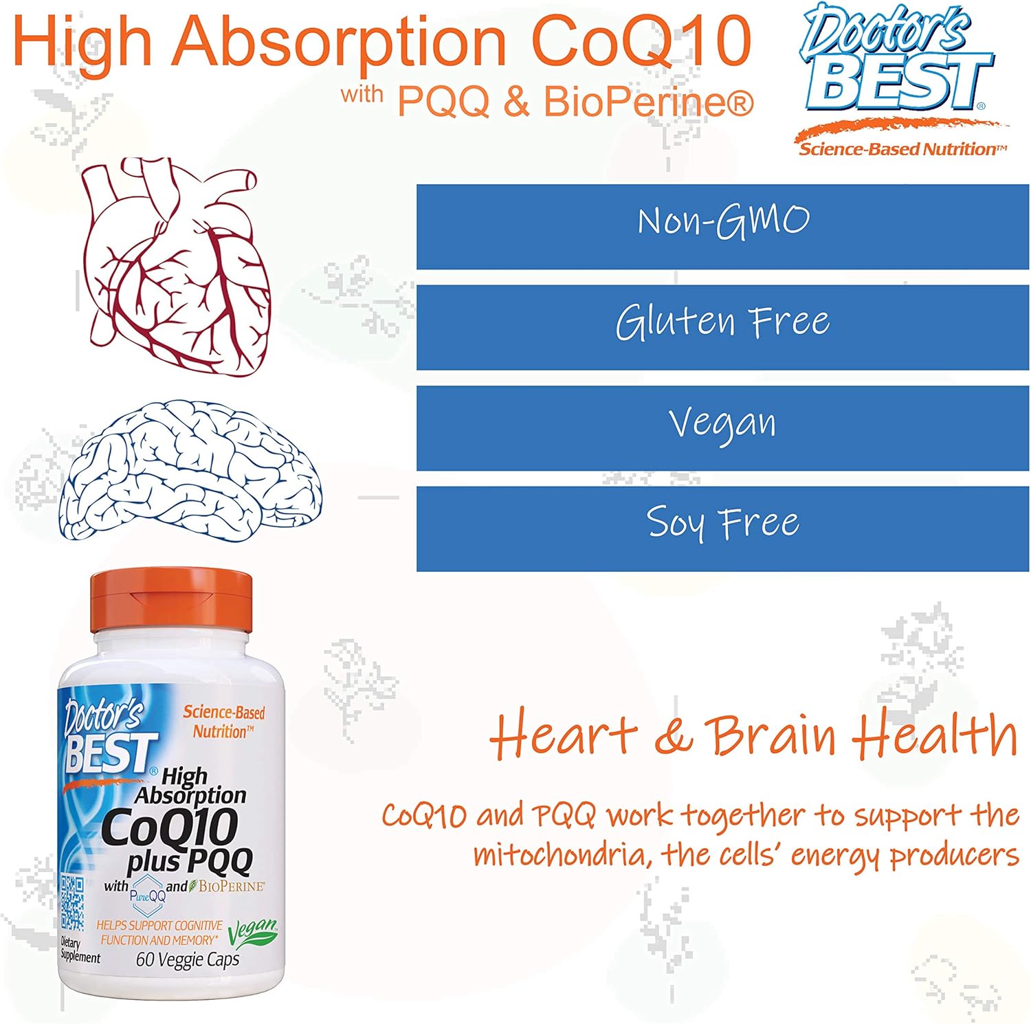 High Absorption CoQ10 Plus PQQ for Cognitive Support - USP Verified, Naturally Fermented, Non-GMO, Gluten Free, Soy Free, Vegan - 60 Veggie Capsules