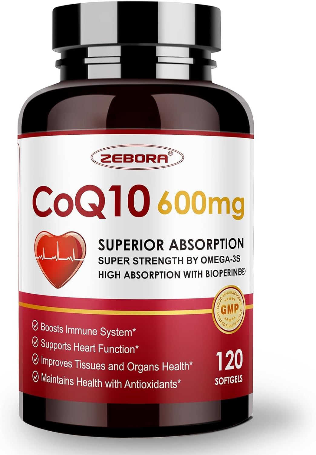 High Absorption CoQ10 Supplements with PQQ, Omega-3, and BioPerine - 600mg Softgels for Heart Health and Energy - Antioxidant Ubiquinone - ZEBORA 120 Softgels