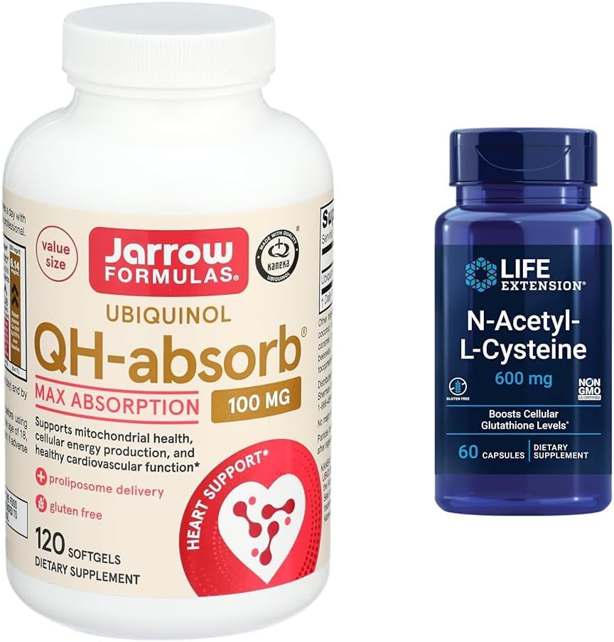 High Absorption CoQ10 Ubiquinol & NAC Supplement for Immune, Respiratory, and Liver Health - 100mg Jarrow Formulas QH-Absorb & Life Extension N-Acetyl-L-Cysteine