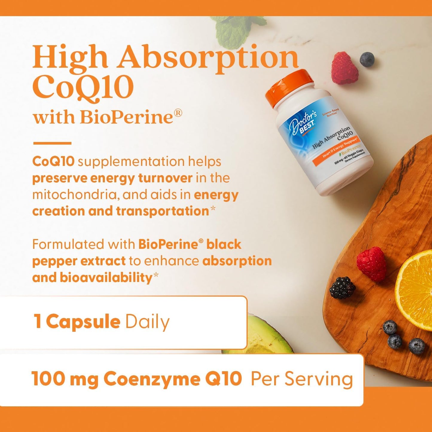 High Absorption CoQ10 with BioPerine for Heart Health & Energy - 100mg, 60 Vegan Capsules, Gluten-Free & Naturally Fermented