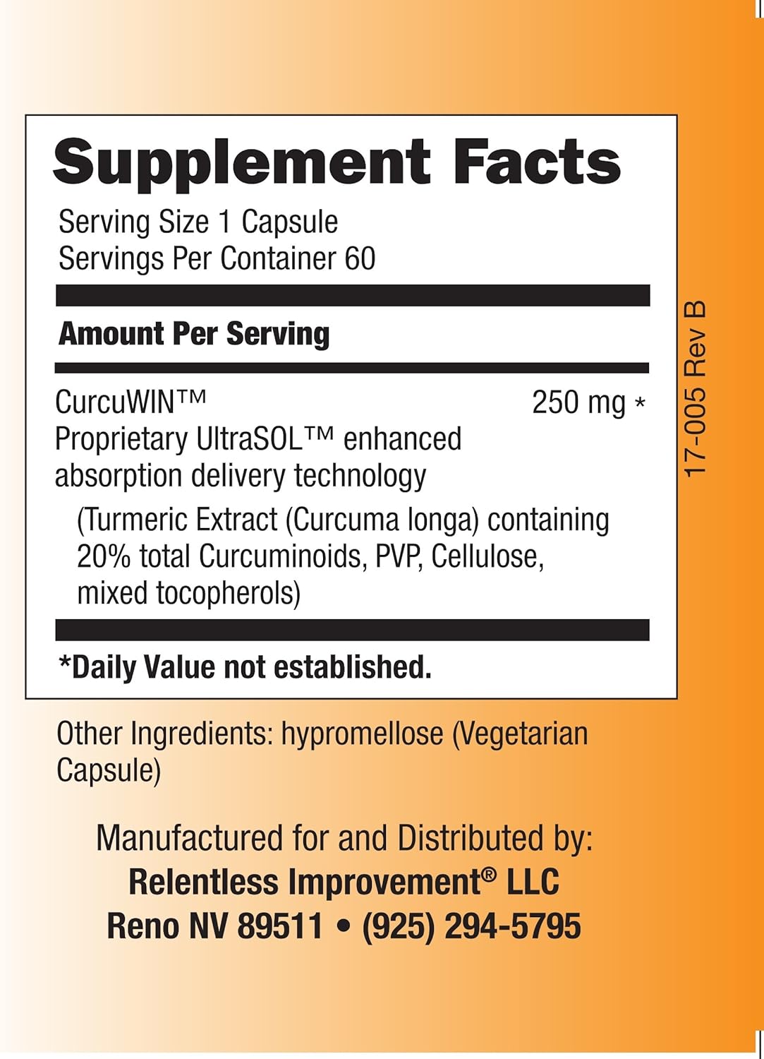 High Absorption Curcumin for Inflammation Support - Relentless Improvement CurcuWin 60 Count, 46x More Absorption Than Standard Curcumin