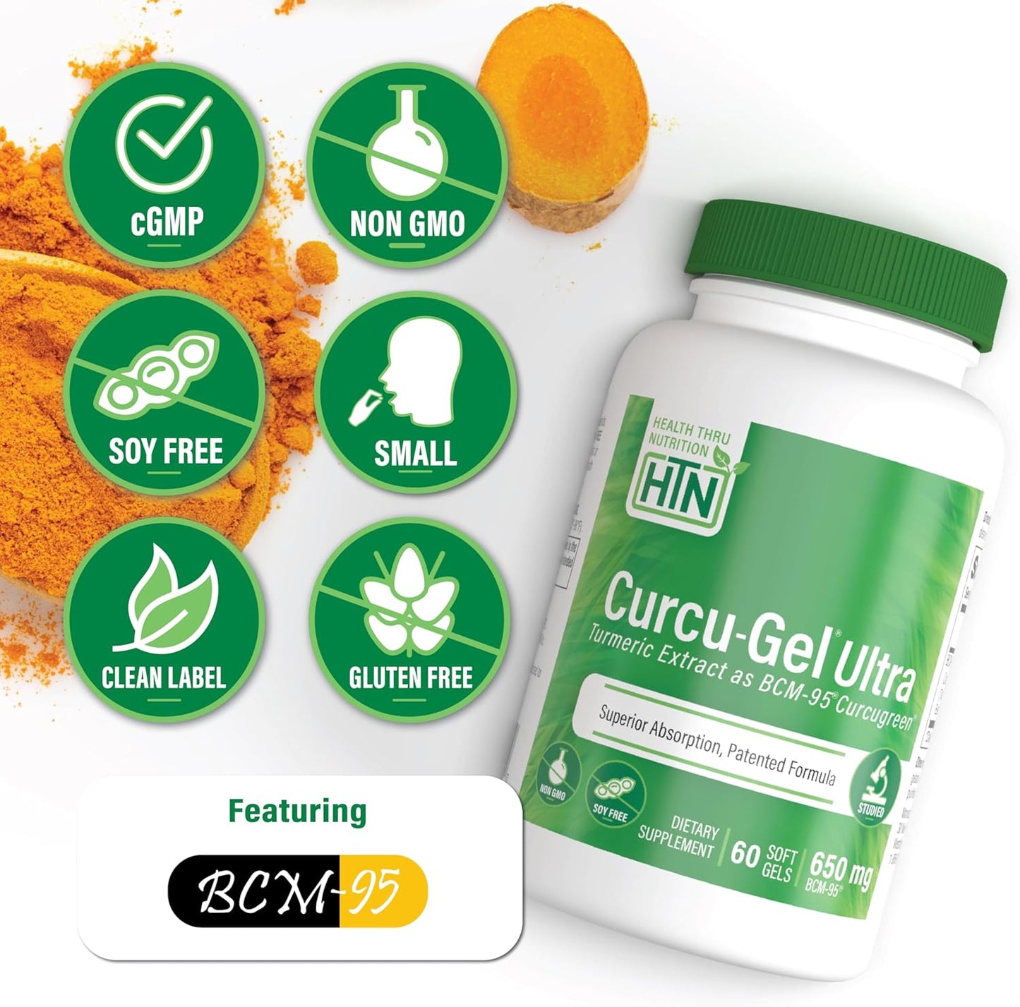 High Absorption Curcumin Supplement 650mg | BCM-95® Curcugreen Turmeric | Healthy Inflammation Support | Clinically Tested | Non-GMO | 60 Capsules