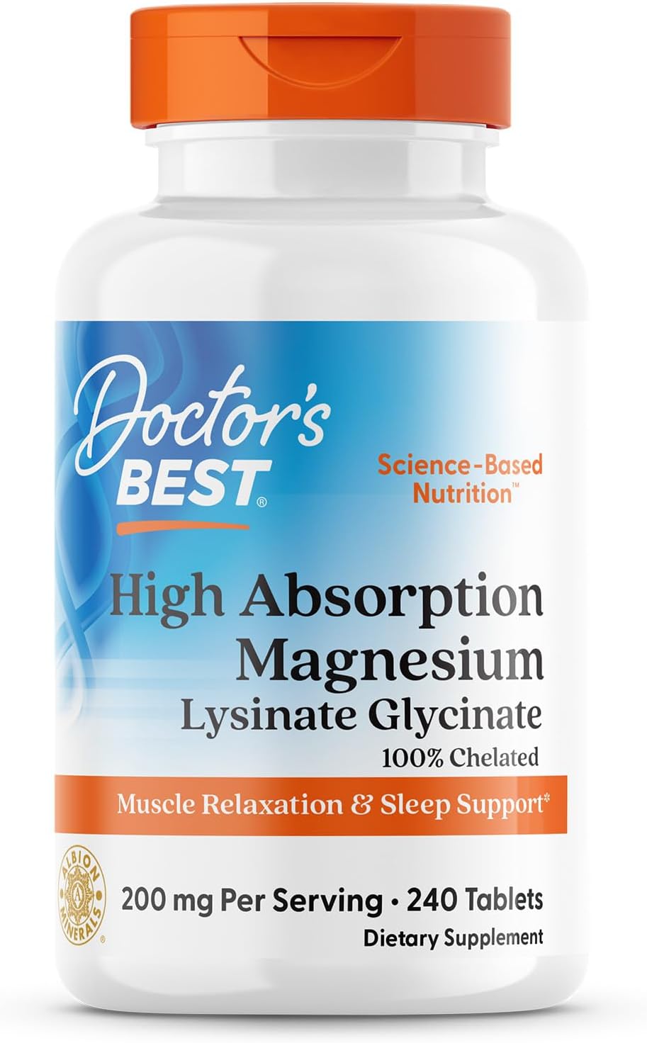 High Absorption Doctor's Best Magnesium Glycinate Lysinate - 100% Chelated, Non-GMO, Vegan, Gluten & Soy Free - 200 mg - 240 Count