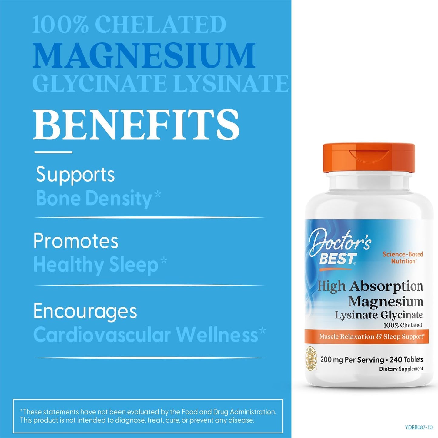 High Absorption Doctor's Best Magnesium Glycinate Lysinate - 100% Chelated, Non-GMO, Vegan, Gluten & Soy Free - 200 mg - 240 Count