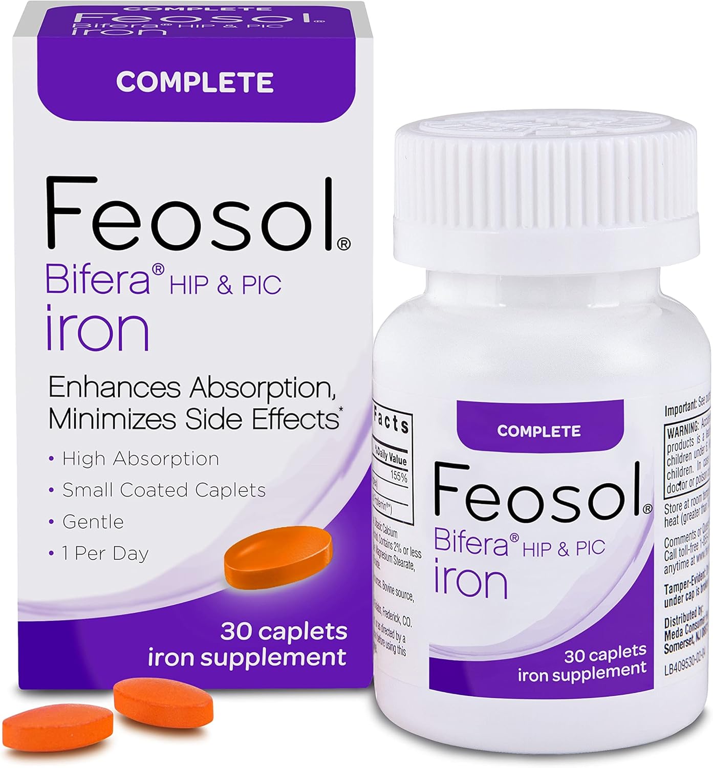 High Absorption Feosol Complete Iron Supplement Caplets with Bifera Iron, Dual Action for Energy and Immune Support, 30 Count