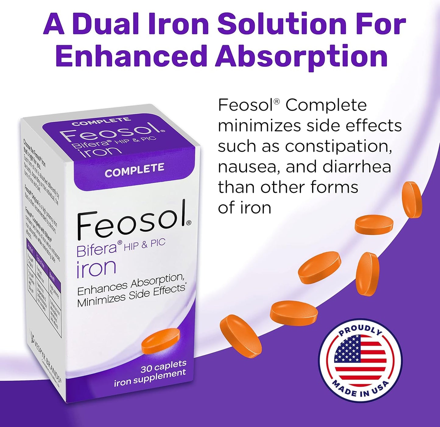 High Absorption Feosol Complete Iron Supplement Caplets with Bifera Iron, Dual Action for Energy and Immune Support, 30 Count