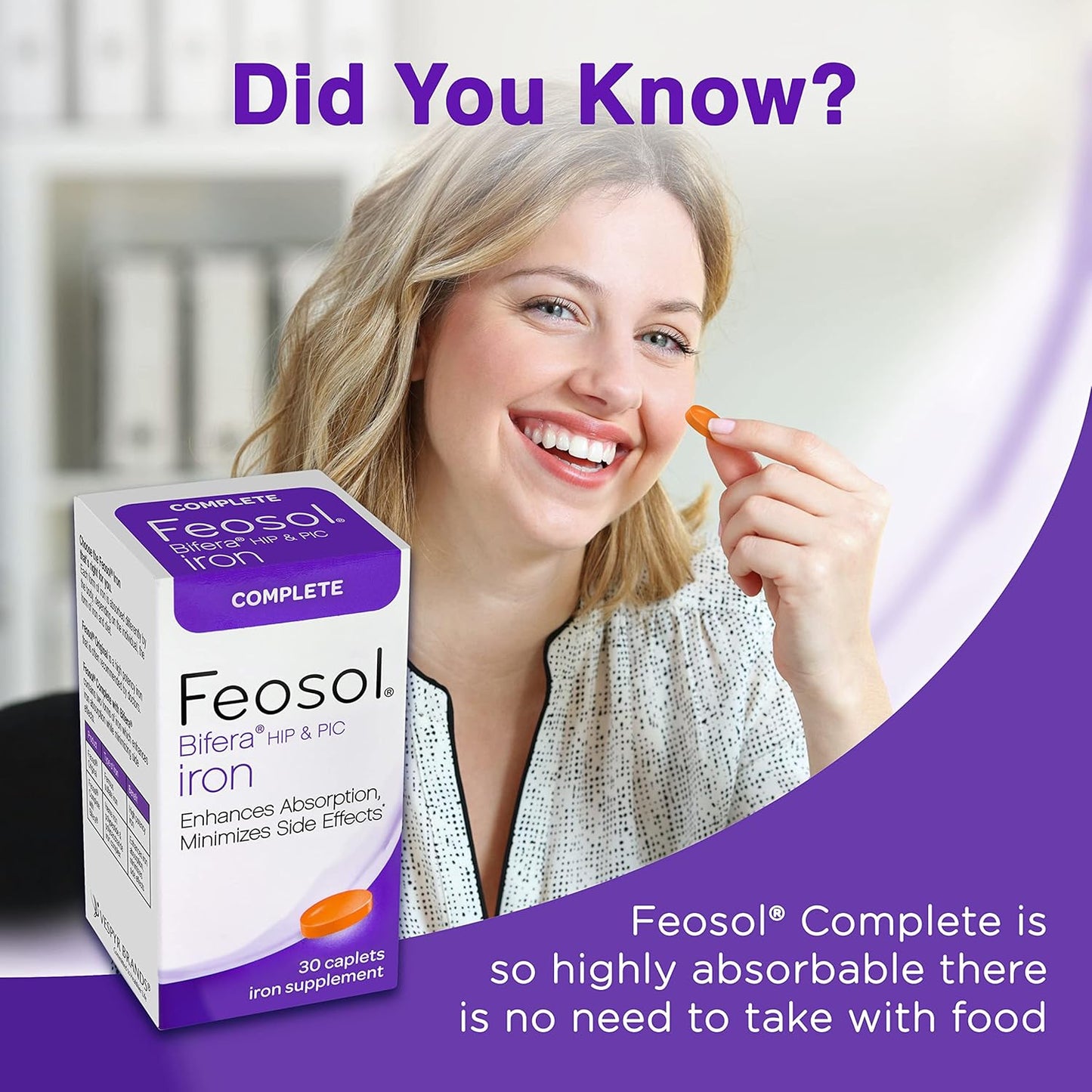 High Absorption Feosol Complete Iron Supplement Caplets with Bifera Iron, Dual Action for Energy and Immune Support, 30 Count