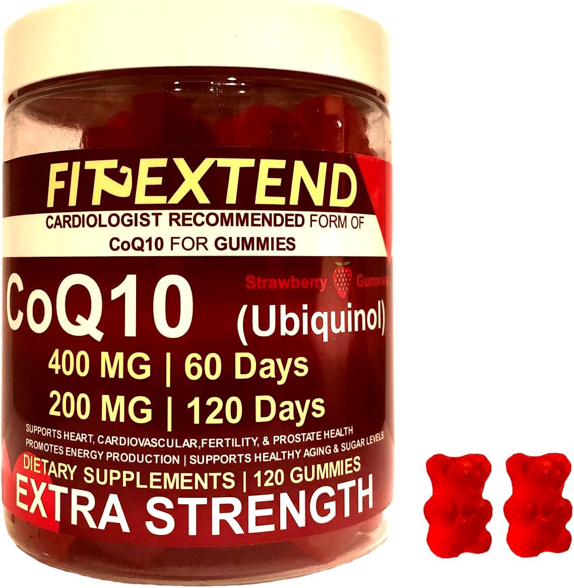 High Absorption FIT EXTEND Coq10 Gummies 400mg - 60 Day Supply (120 Count) | Ubiquinol Vegan Strawberry Sugar Free Gummies for Heart Health, Anti-Aging, Energy, Antioxidant Support - Prostate Health for Men and Women