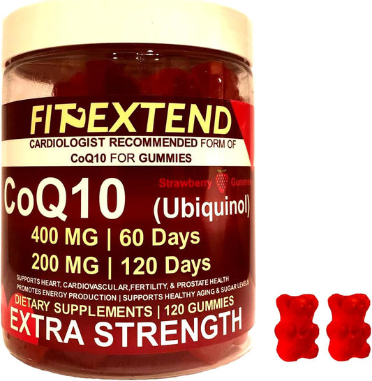 High Absorption FIT EXTEND Coq10 Gummies 400mg - 60 Day Supply (120 Count) | Ubiquinol Vegan Strawberry Sugar Free Gummies for Heart Health, Anti-Aging, Energy, Antioxidant Support - Prostate Health for Men and Women