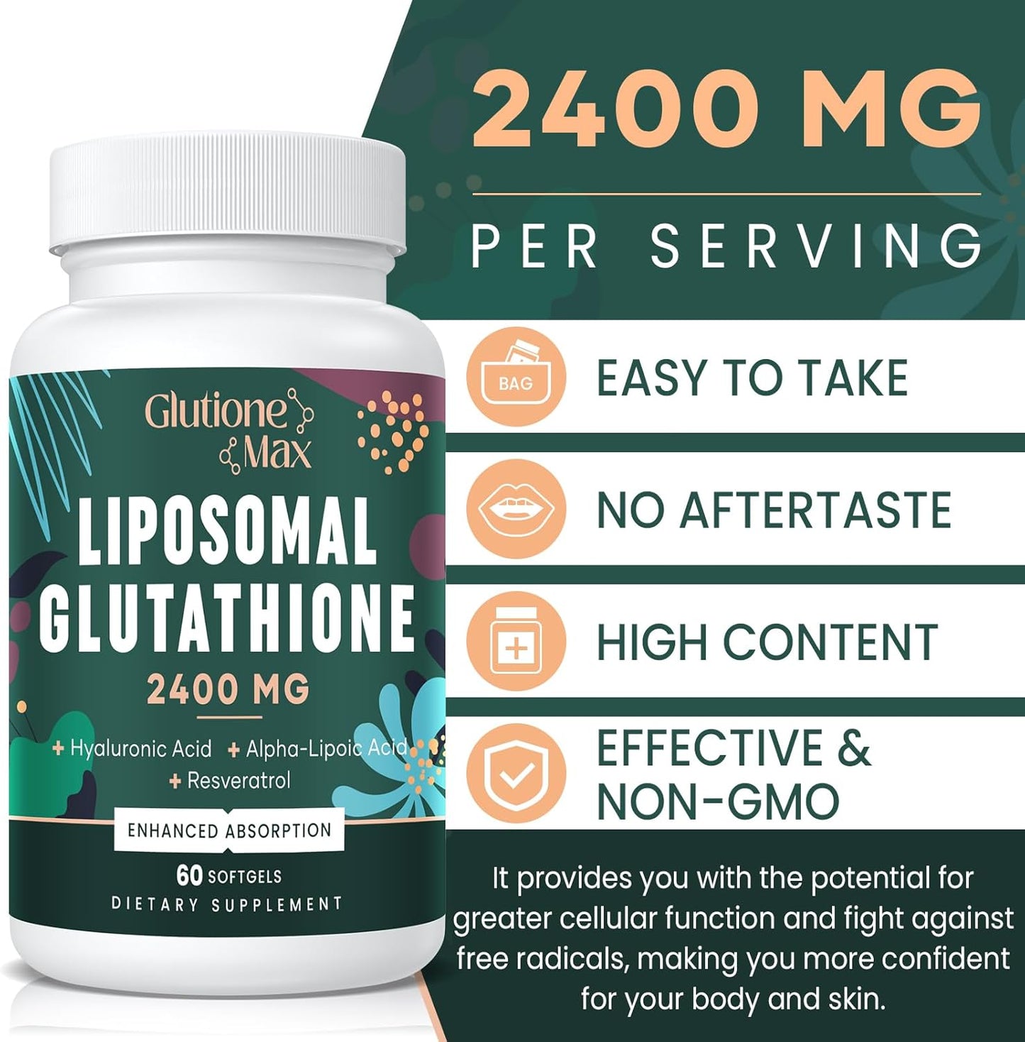 High Absorption Glutathione Supplement 2400MG Softgels with Hyaluronic Acid and Resveratrol | Anti-Aging Antioxidant for Energy and Defense | Non-GMO Formula