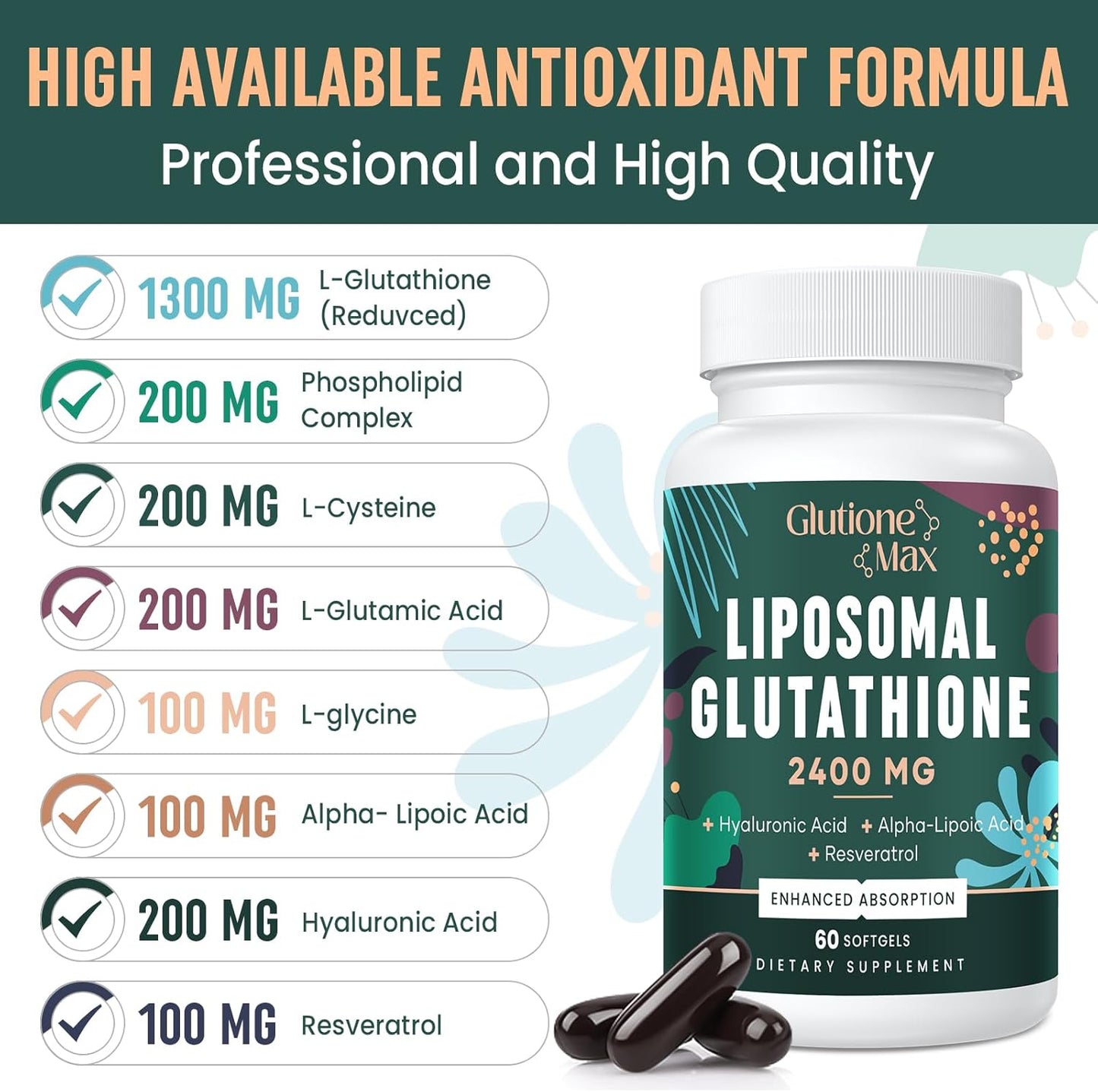 High Absorption Glutathione Supplement 2400MG Softgels with Hyaluronic Acid and Resveratrol | Anti-Aging Antioxidant for Energy and Defense | Non-GMO Formula
