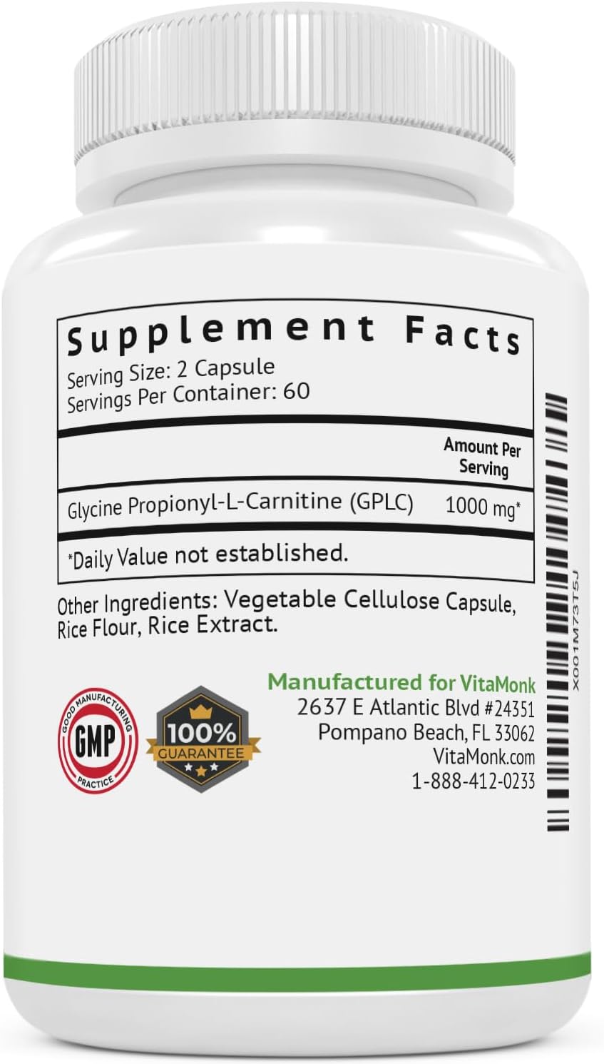 High-Absorption GlycoTrax GPLC Supplement - 120 Capsules in Extra Large Bottle, No Fillers - Glycine Propionyl-L-Carnitine by VitaMonk