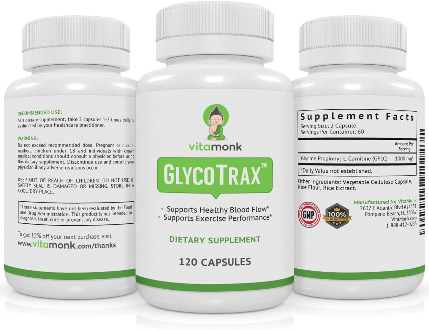 High-Absorption GlycoTrax GPLC Supplement - 120 Capsules in Extra Large Bottle, No Fillers - Glycine Propionyl-L-Carnitine by VitaMonk
