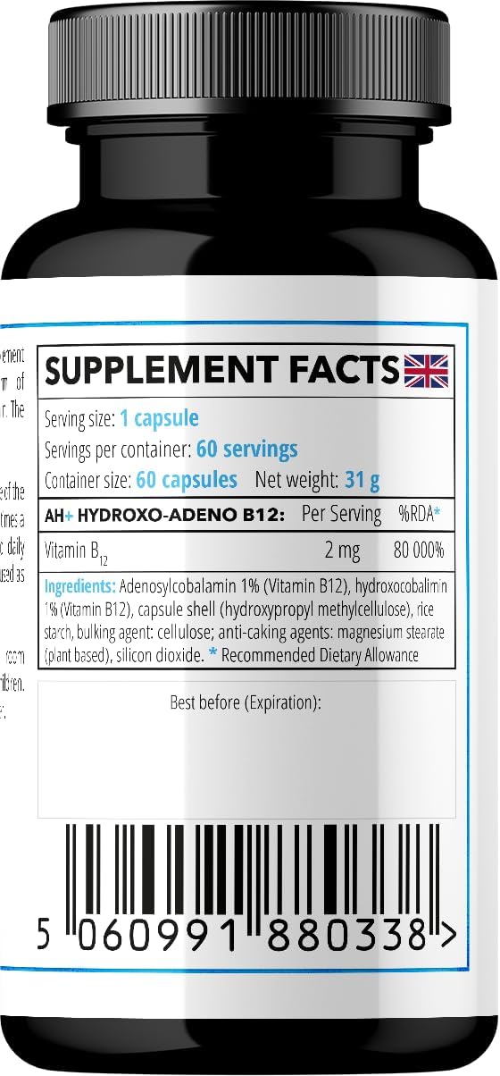 High Absorption Hydroxo-Adeno 2mg Vitamin B12 Capsules - 60 Vegan Capsules - 2 Month Supply for Energy and Red Blood Cell Formation