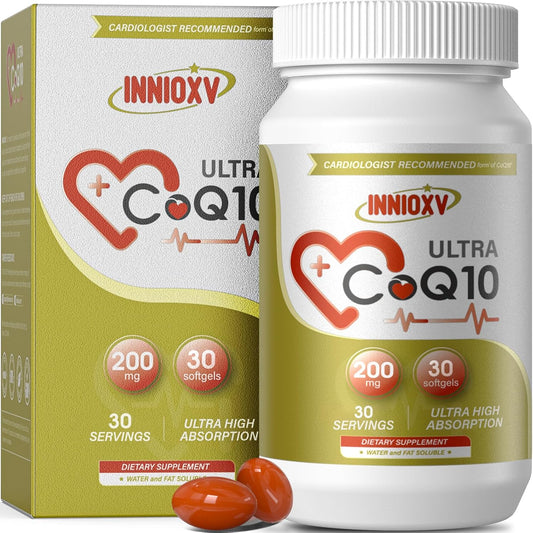 High Absorption INNIOXV CoQ10 Softgels - 200mg for Heart & Vascular Health - Antioxidant Energy Supplement - 30ct
