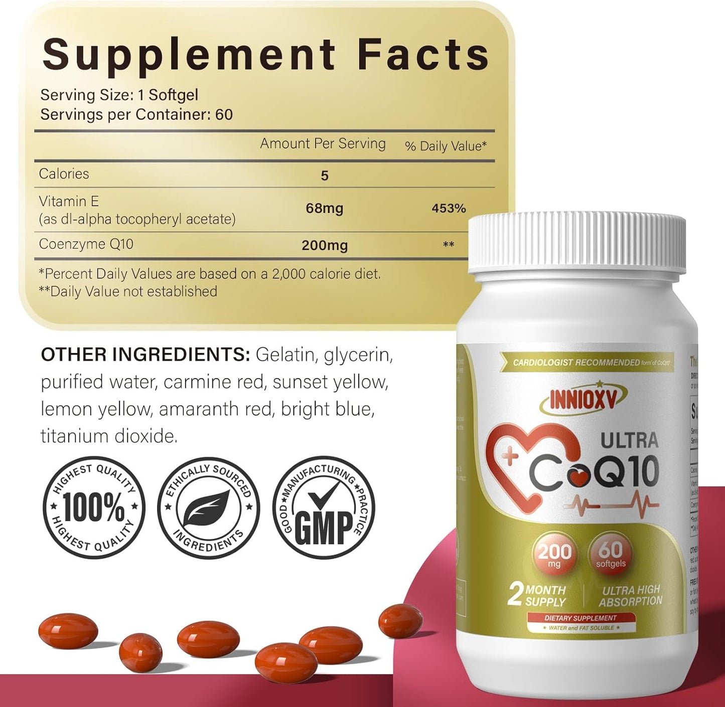 High Absorption INNIOXV CoQ10 Softgels - 200mg for Heart & Vascular Health - Antioxidant Energy Supplement - 30ct
