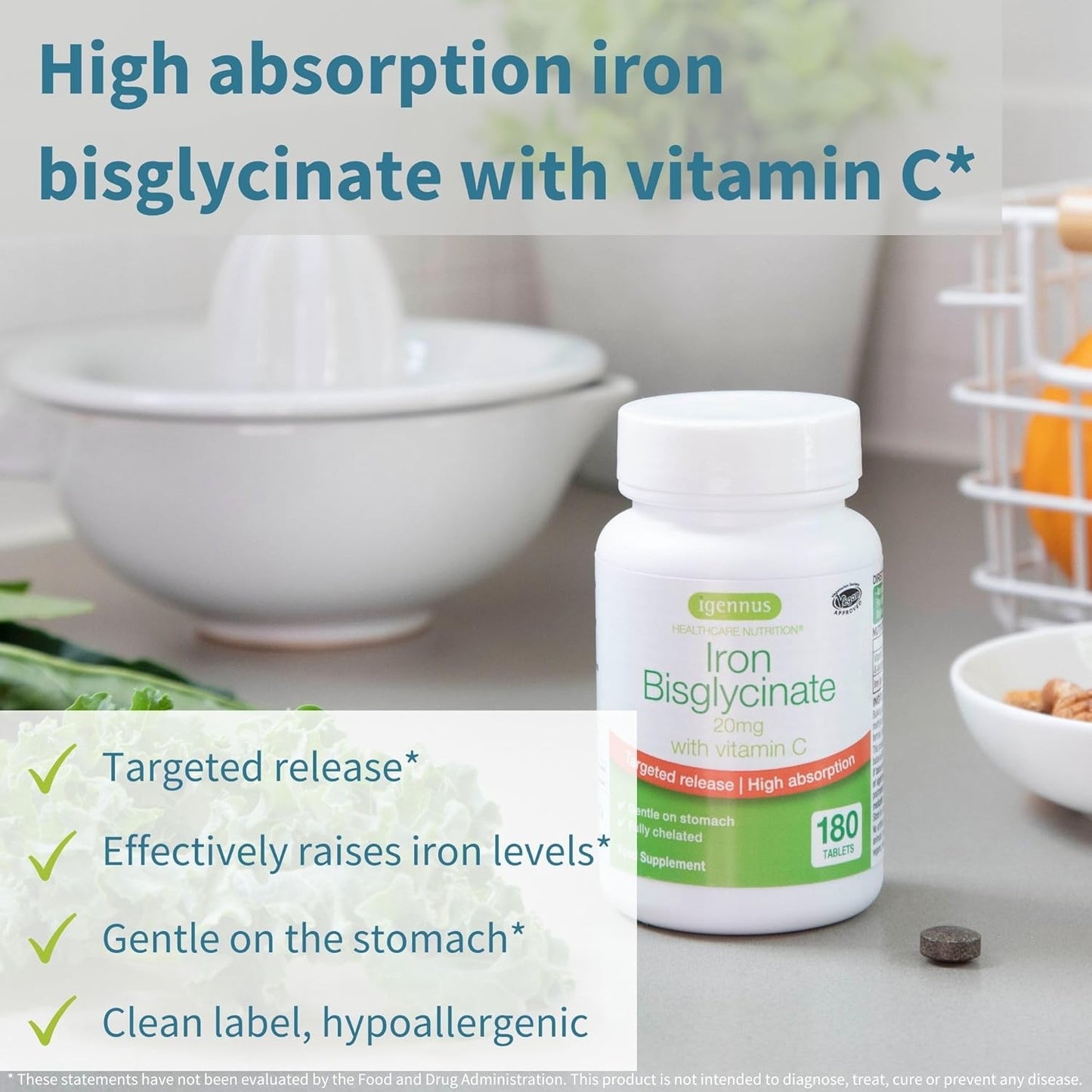 High Absorption Iron Bisglycinate with Vitamin C - Gentle Formula for Women & Men - 6 Month Supply - Vegan - 180 Tablets
