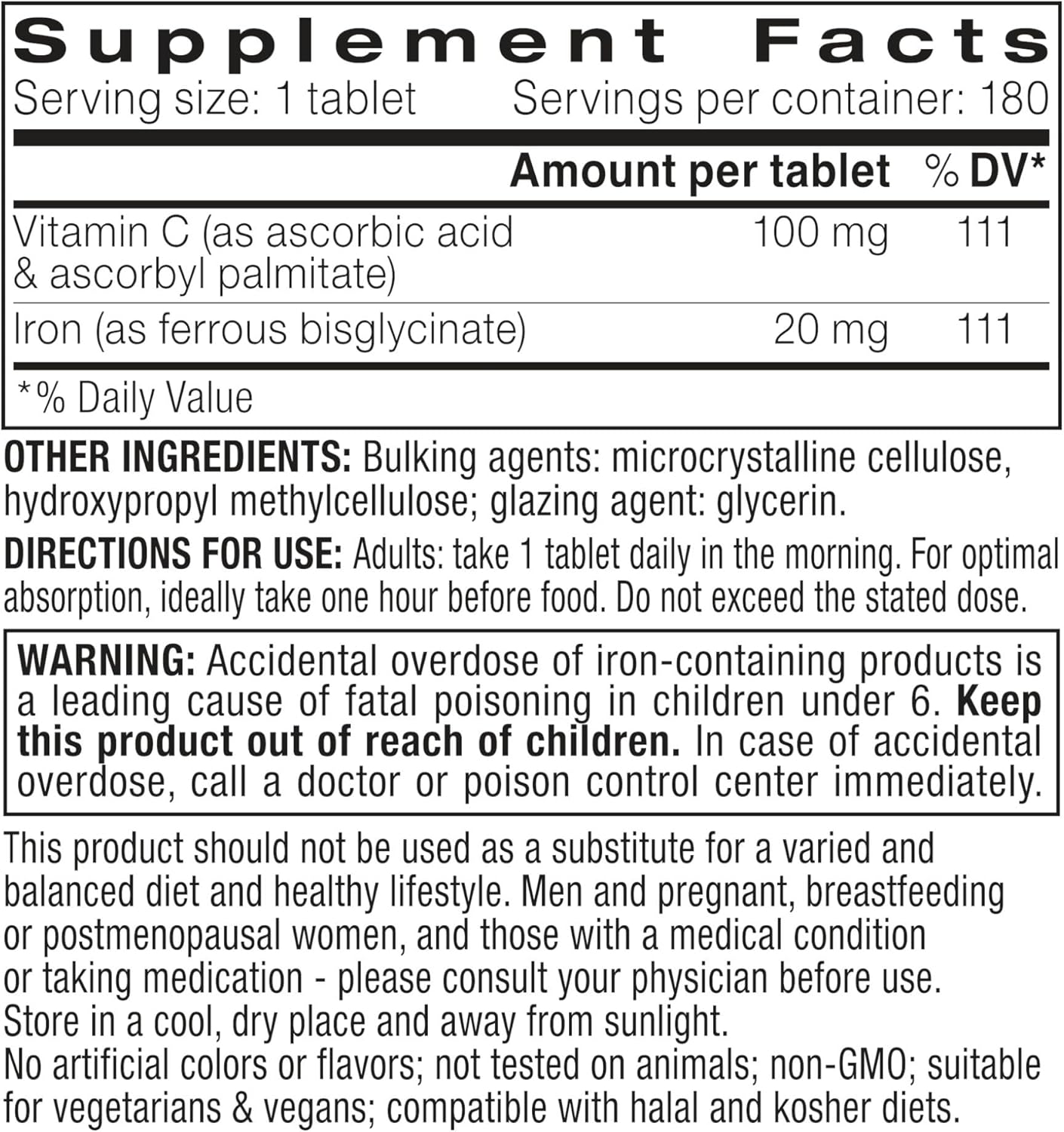 High Absorption Iron Bisglycinate with Vitamin C - Gentle Formula for Women & Men - 6 Month Supply - Vegan - 180 Tablets