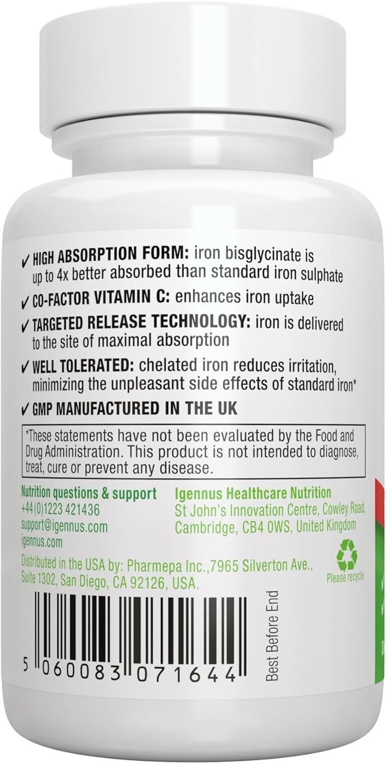 High Absorption Iron Bisglycinate with Vitamin C - Gentle Formula for Women & Men - 6 Month Supply - Vegan - 180 Tablets