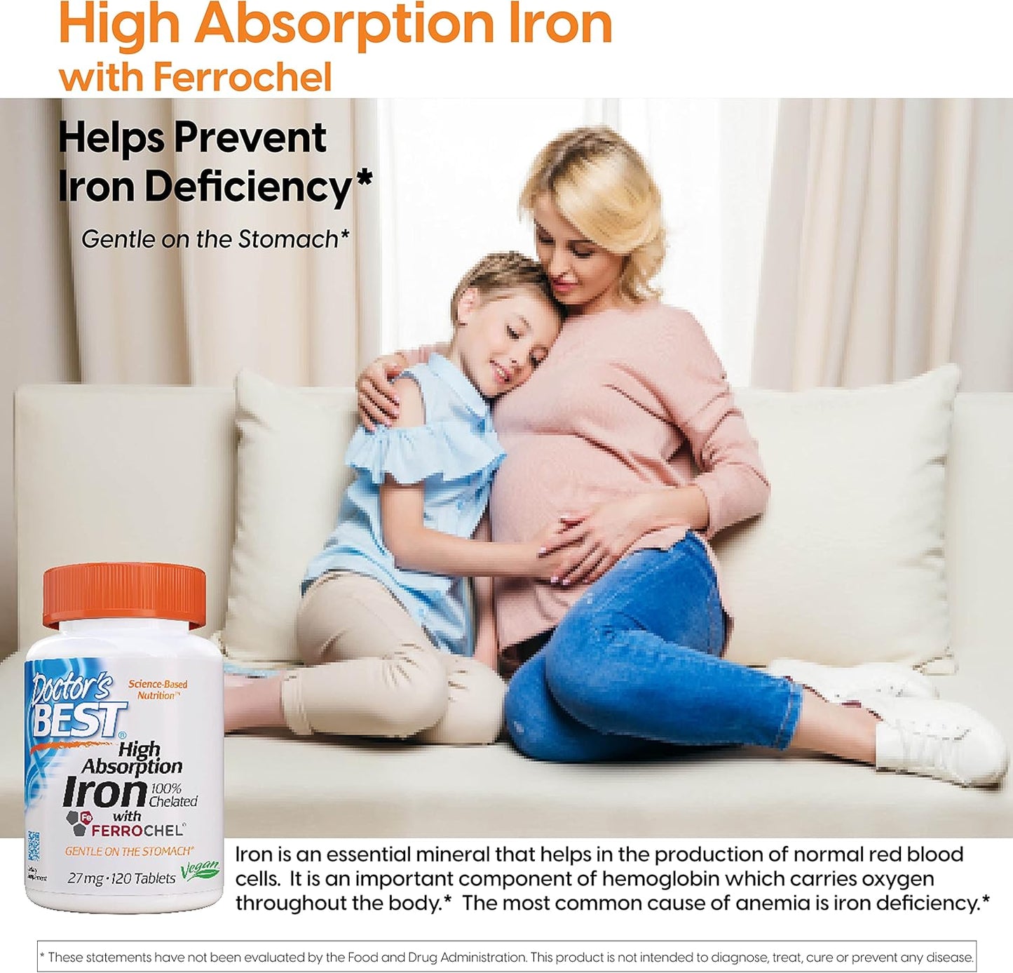 High Absorption Iron Tablets with Ferrochel for Immune & Blood Health, Gentle on Stomach, 27 mg - 2 Pack