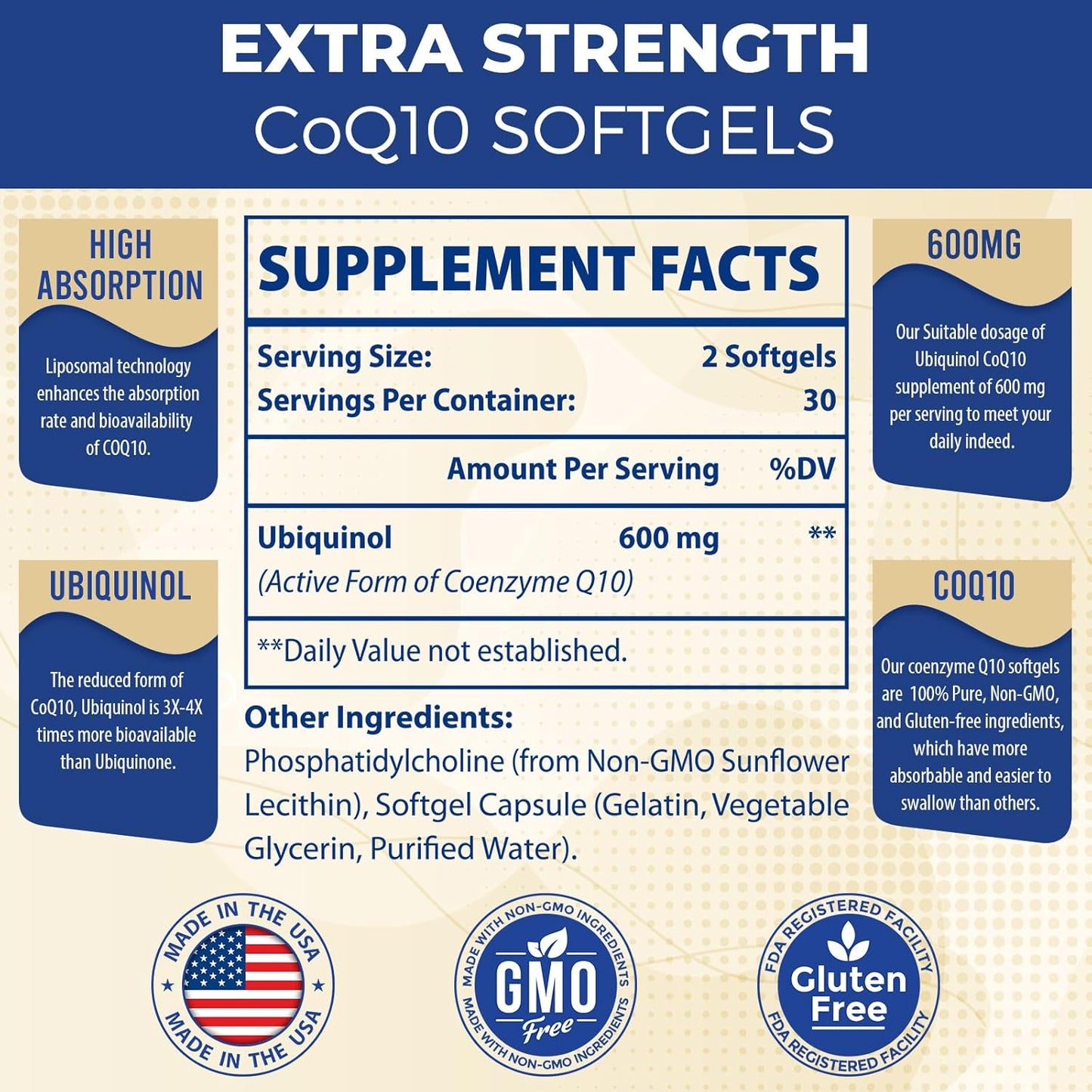 High Absorption Liposomal CoQ10 Ubiquinol Softgels - 600mg | Antioxidant Coenzyme Q10 for Heart Health & Energy | 120 Count