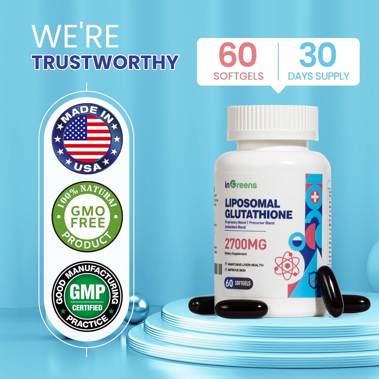 High Absorption Liposomal Glutathione Supplement with Hyaluronic Acid and Resveratrol - 120 Softgels for Healthy Aging