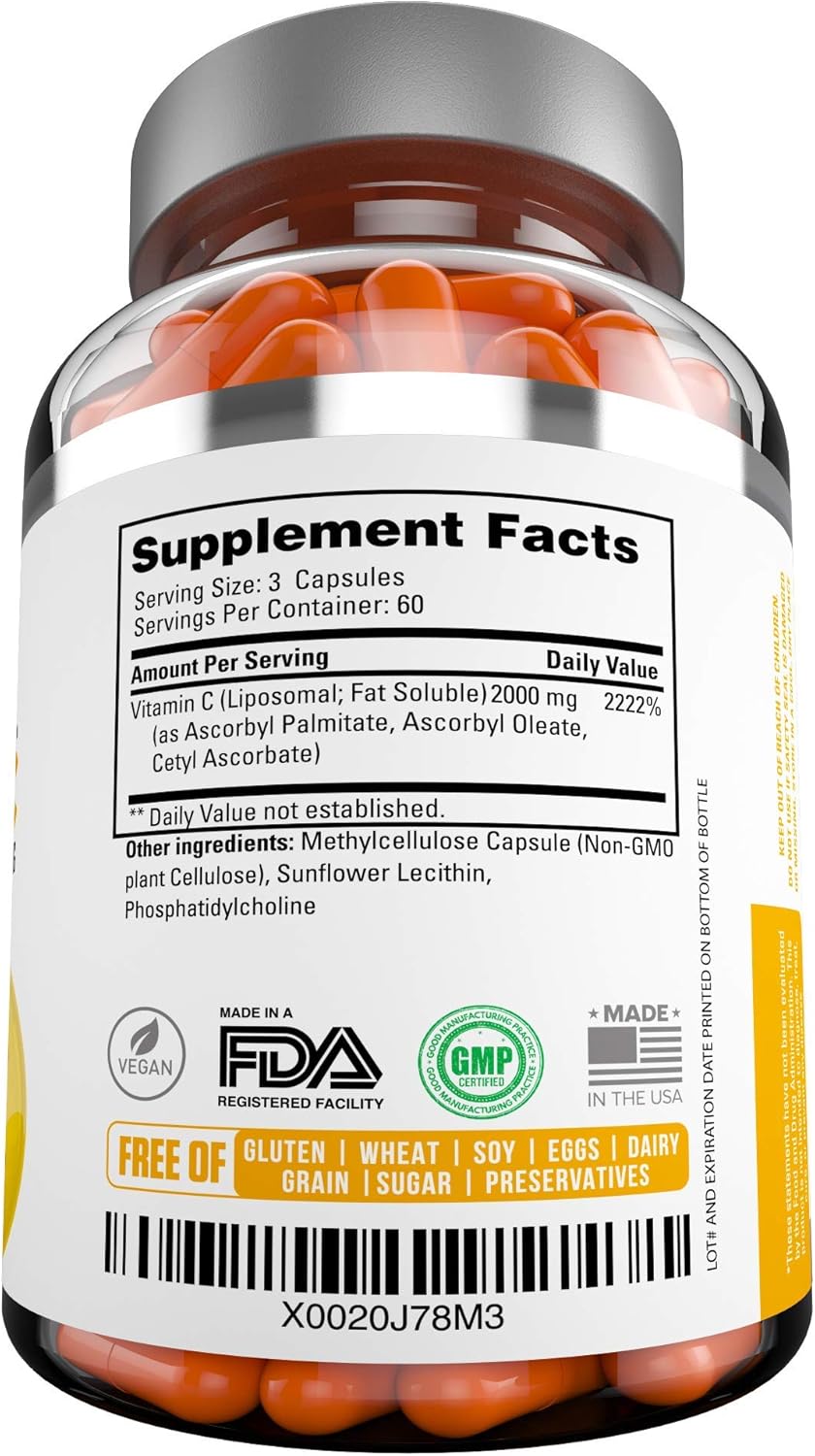 High Absorption Liposomal Vitamin C 2000mg Capsules - Immune System Support & Collagen Booster - Antioxidant Supplement for Better Health - 180 Count