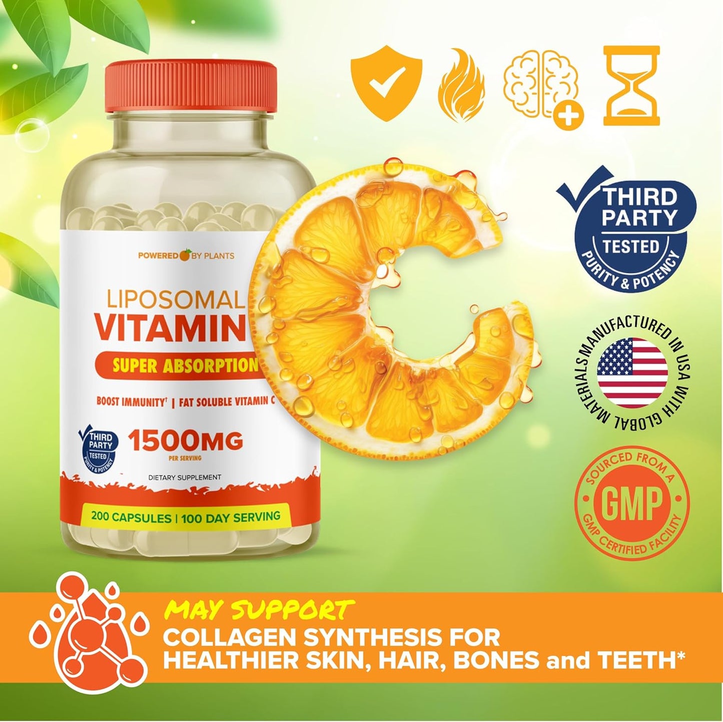 High Absorption Liposomal Vitamin C Capsules 1500mg - Immune System & Collagen Booster - 200 Capsules Vegan - Buffered Ascorbic Acid Supplement