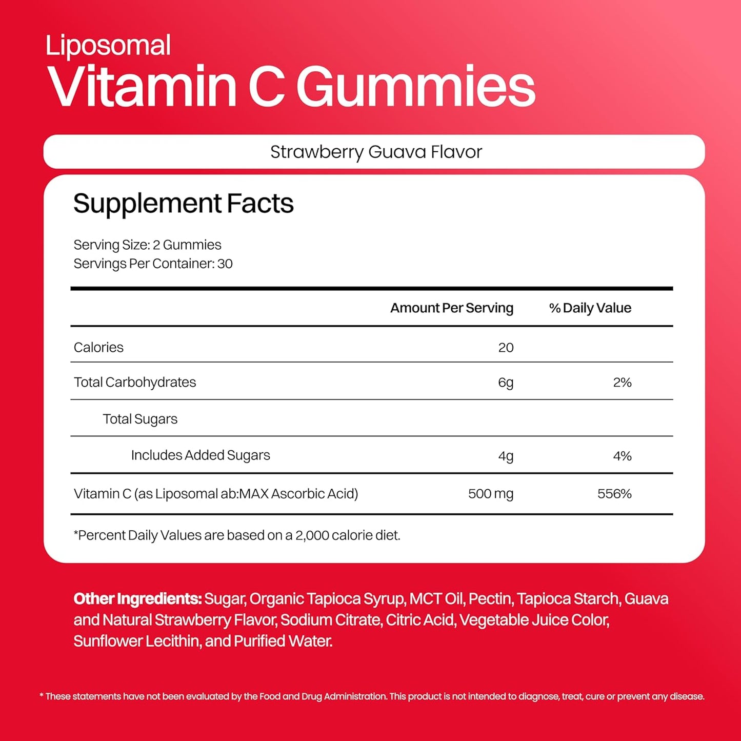 High Absorption Liposomal Vitamin C Gummies - 500mg/Serving - 60 Vegan Gummies for Adults - Antioxidant & Energy Booster - Strawberry Guava