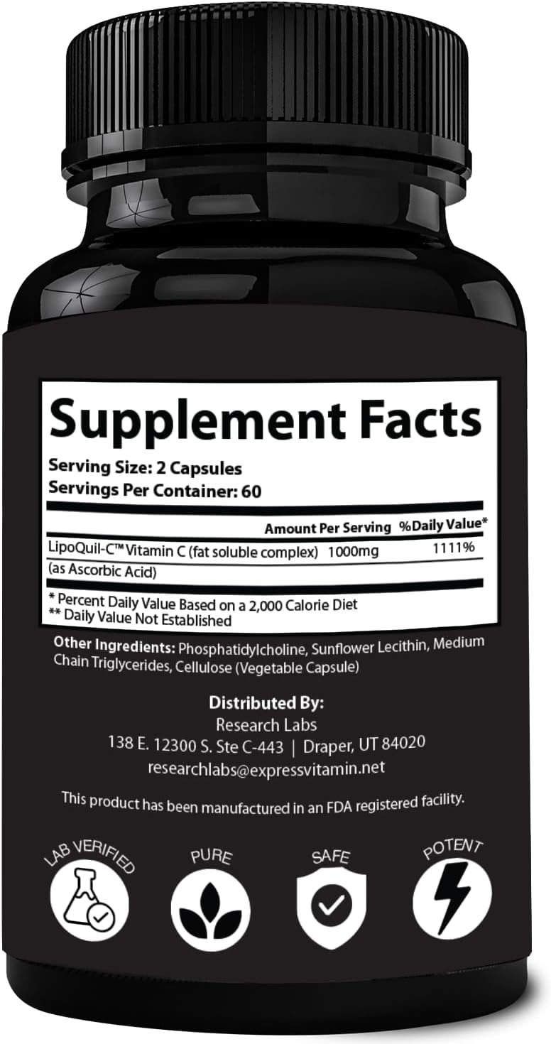 High Absorption Liposomal Vitamin C Supplement | 240 Capsules for Immune Support & Collagen Boost | 1000mg Buffered Formula | Non GMO & Fat Soluble | Research Labs Formula