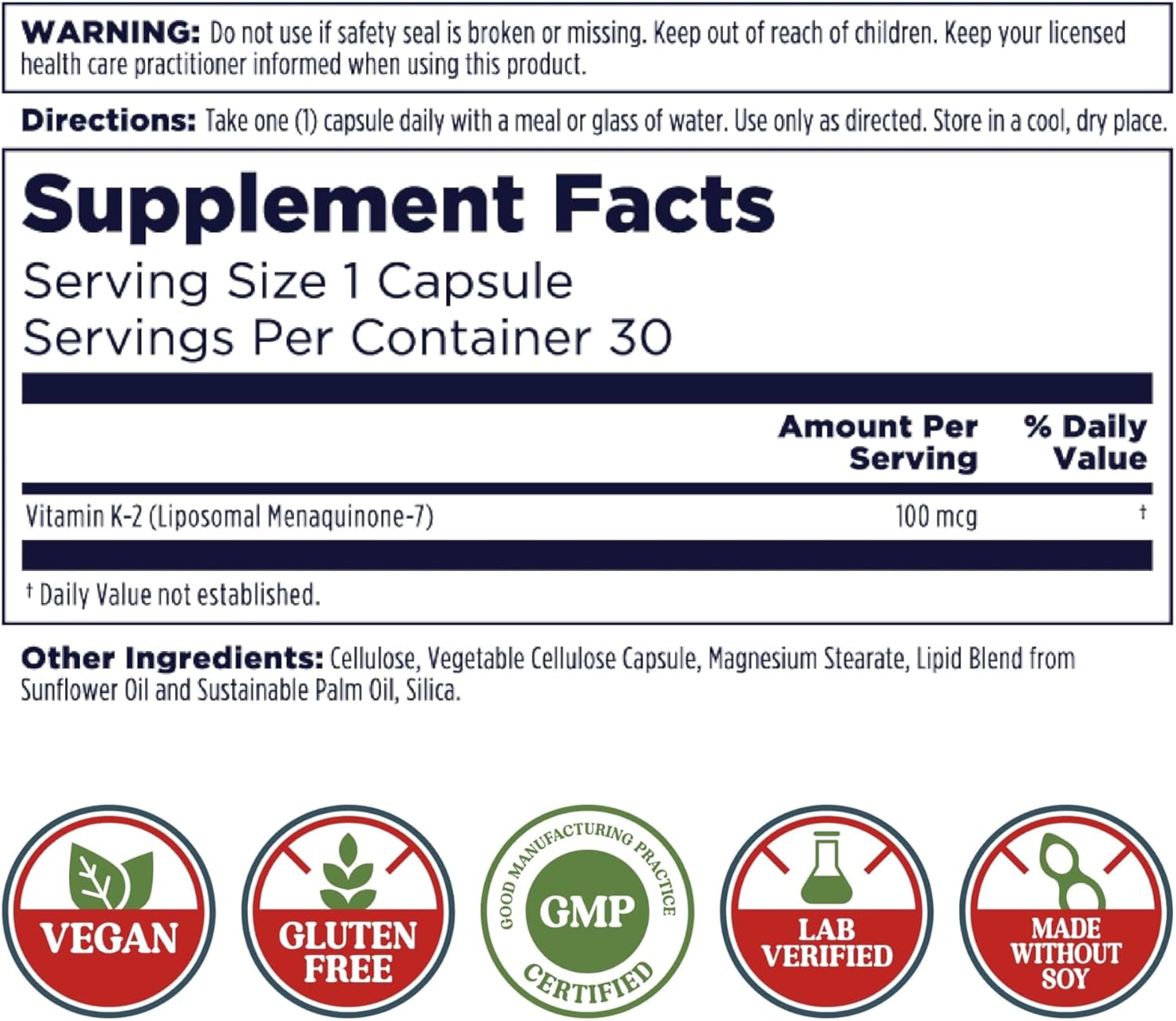 High Absorption Liposomal Vitamin K2 MK7 Supplement for Advanced Bone Support - Vegan Capsules, Gluten Free, Soy Free - 30 Servings