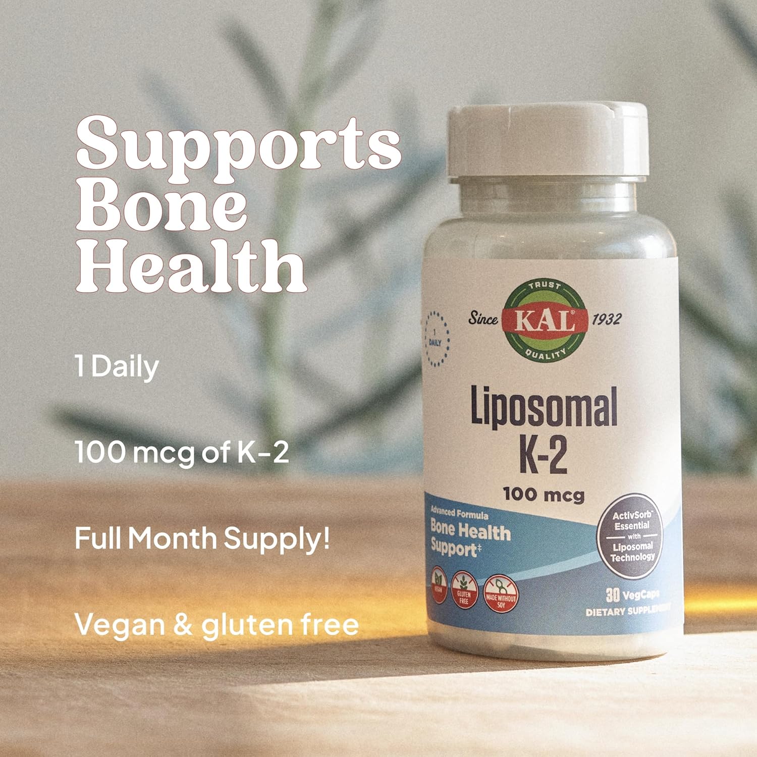 High Absorption Liposomal Vitamin K2 MK7 Supplement for Advanced Bone Support - Vegan Capsules, Gluten Free, Soy Free - 30 Servings
