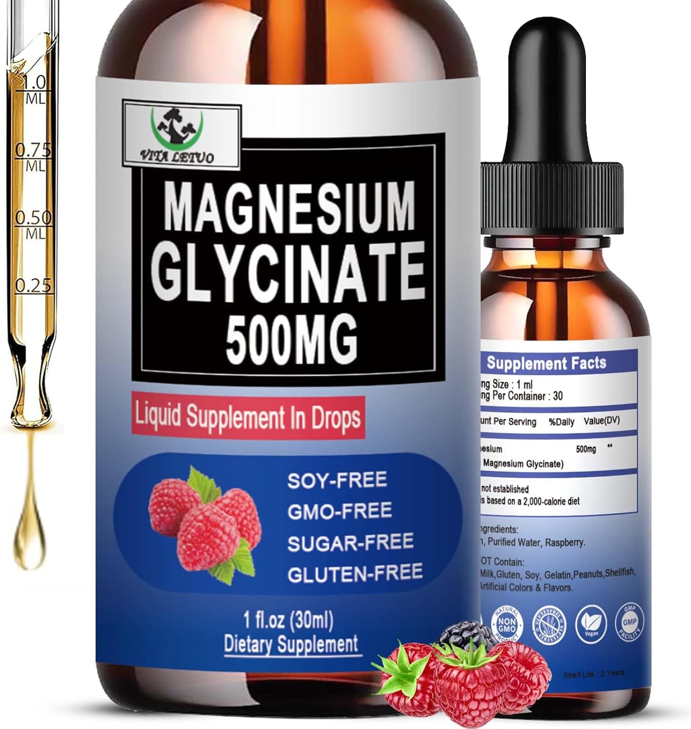 High Absorption Liquid Magnesium Glycinate Drops 500mg for Bone Health, Sleep, Leg Cramps & Immune Support - Vegan, Non-GMO, Gluten-Free - 30 Servings
