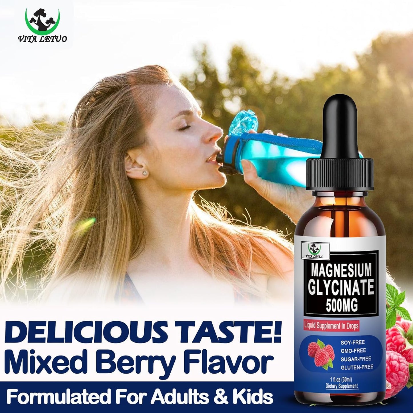 High Absorption Liquid Magnesium Glycinate Drops 500mg for Bone Health, Sleep, Leg Cramps & Immune Support - Vegan, Non-GMO, Gluten-Free - 30 Servings