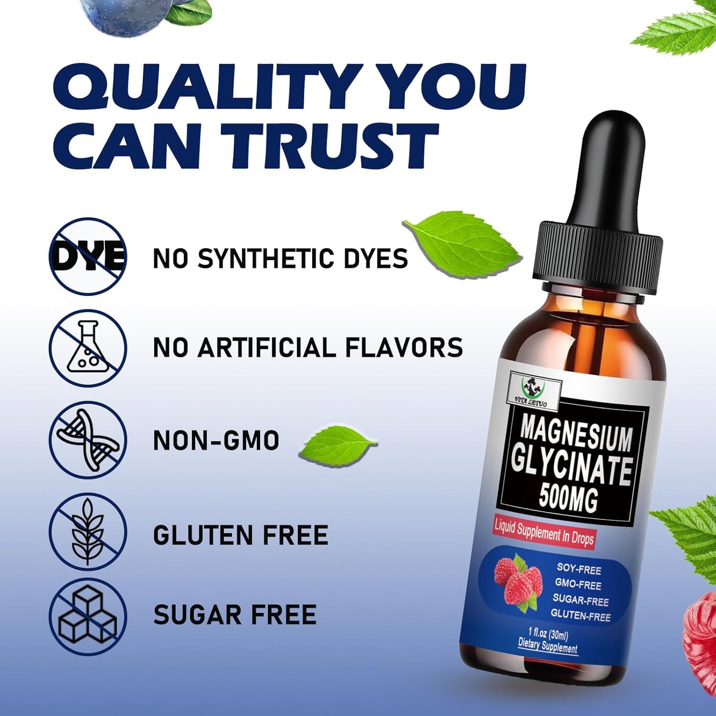 High Absorption Liquid Magnesium Glycinate Drops 500mg for Bone Health, Sleep, Leg Cramps & Immune Support - Vegan, Non-GMO, Gluten-Free - 30 Servings
