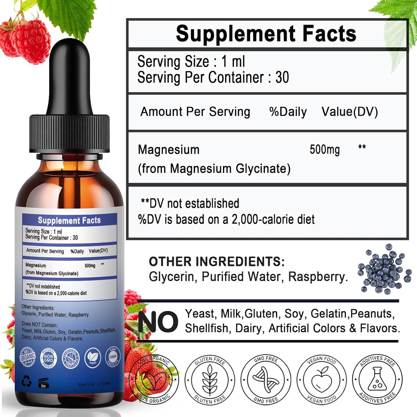 High Absorption Liquid Magnesium Glycinate Drops 500mg for Bone Health, Sleep, Leg Cramps & Immune Support - Vegan, Non-GMO, Gluten-Free - 30 Servings