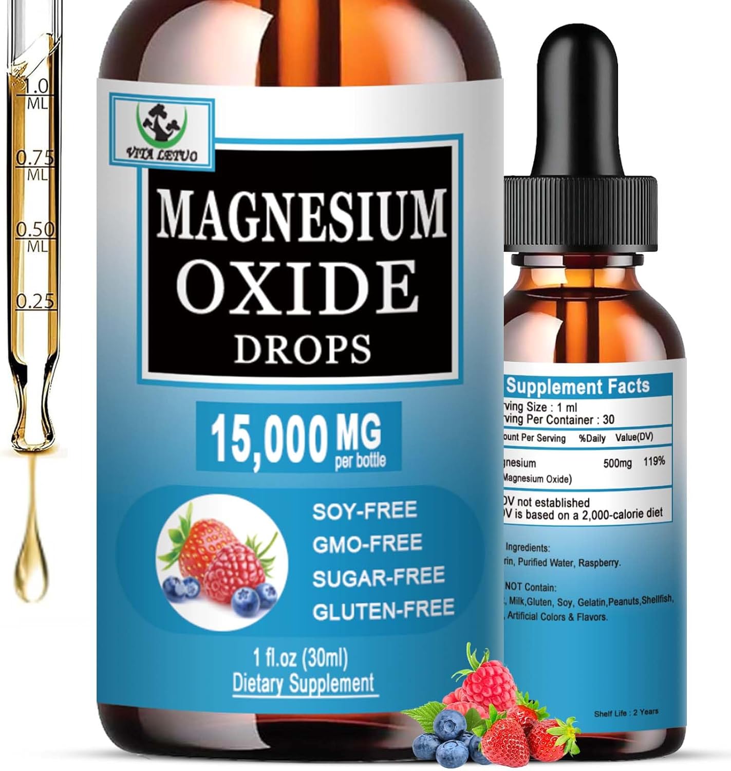 High Absorption Liquid Magnesium Oxide Supplement 500mg for Sleep, Nerve & Heart Health - Stress Relief - Gluten Free - Vegan - Adults & Kids