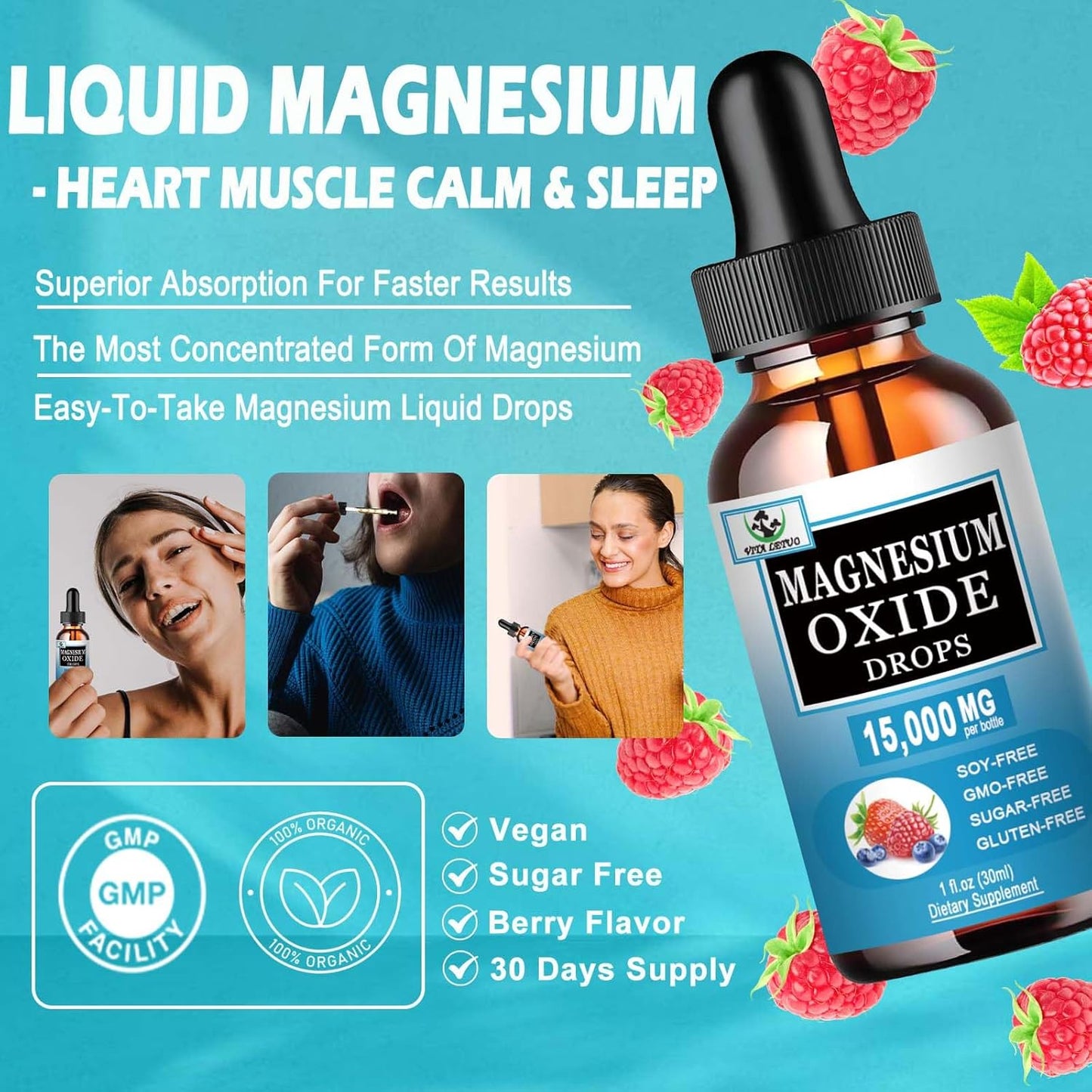 High Absorption Liquid Magnesium Oxide Supplement 500mg for Sleep, Nerve & Heart Health - Stress Relief - Gluten Free - Vegan - Adults & Kids