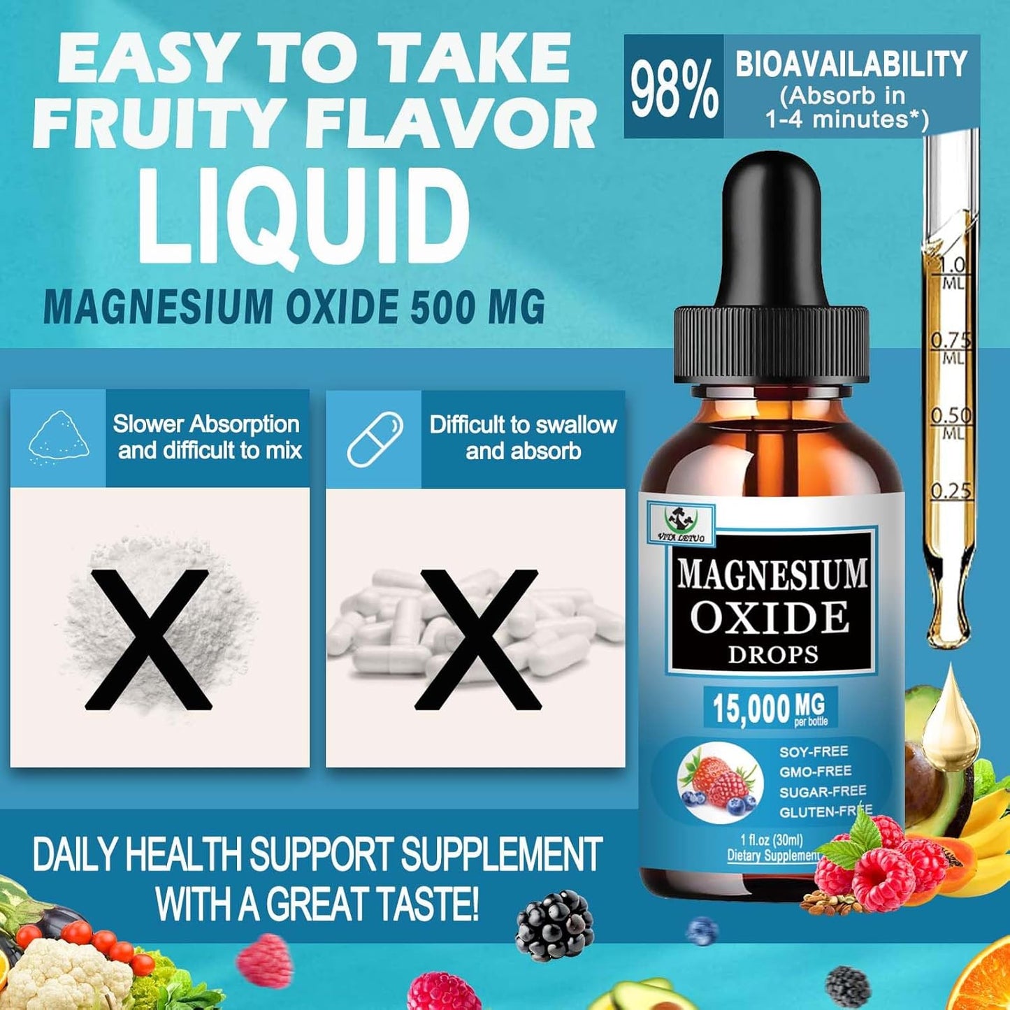 High Absorption Liquid Magnesium Oxide Supplement 500mg for Sleep, Nerve & Heart Health - Stress Relief - Gluten Free - Vegan - Adults & Kids