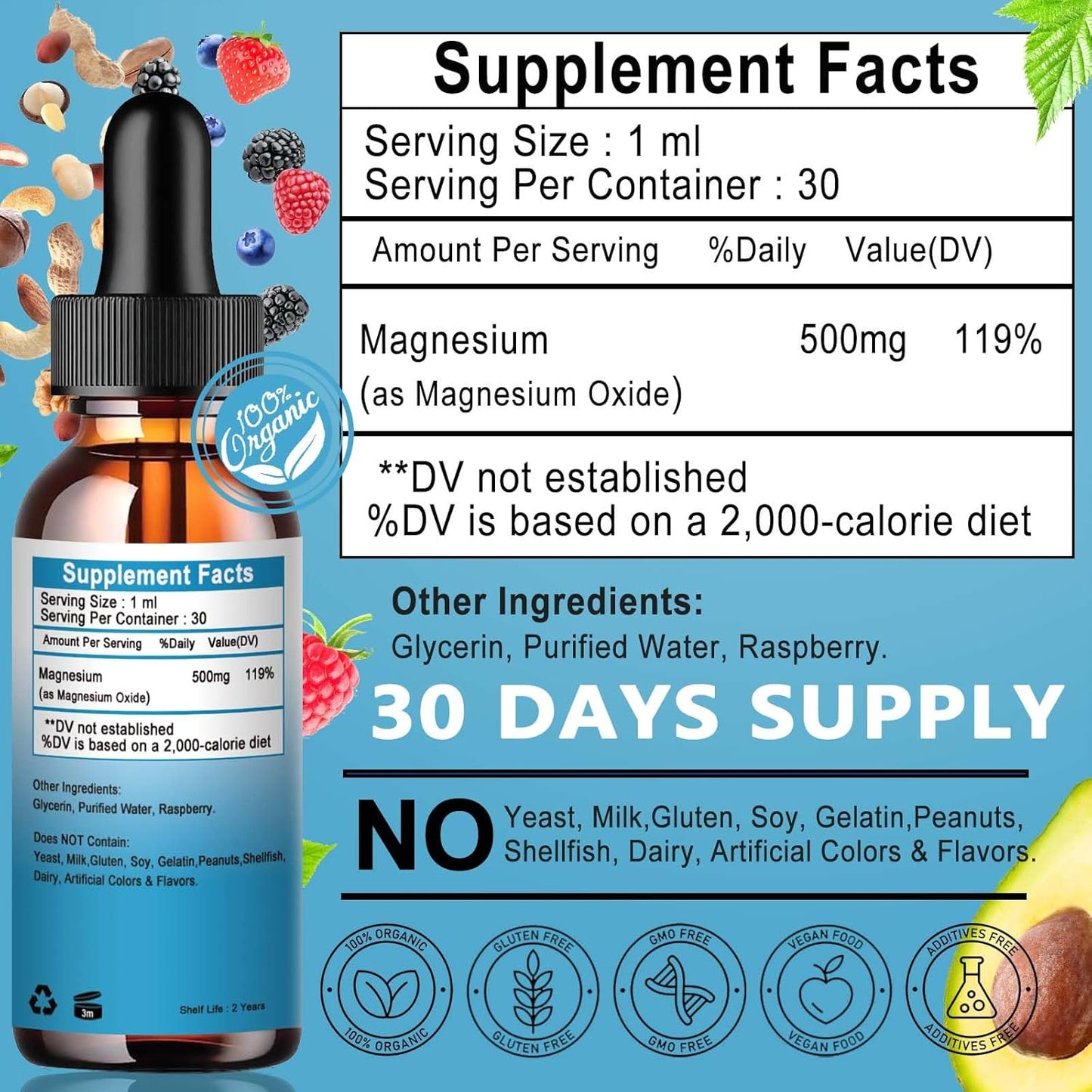 High Absorption Liquid Magnesium Oxide Supplement 500mg for Sleep, Nerve & Heart Health - Stress Relief - Gluten Free - Vegan - Adults & Kids
