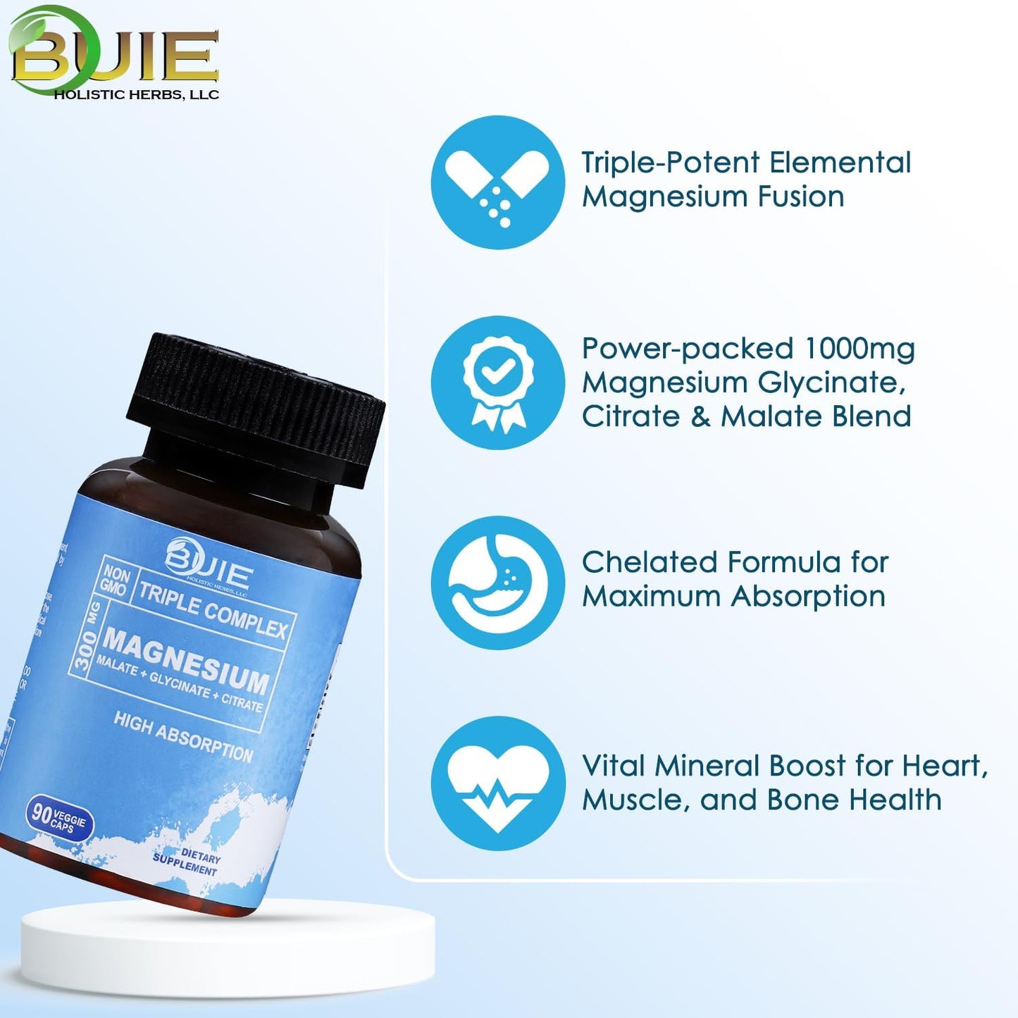 High Absorption Magnesium Capsules - 300mg, Non-GMO Dietary Supplement with Malate, Glycinate, Citrate - 90 Veggie Caps - BUIE Holistic Herbs