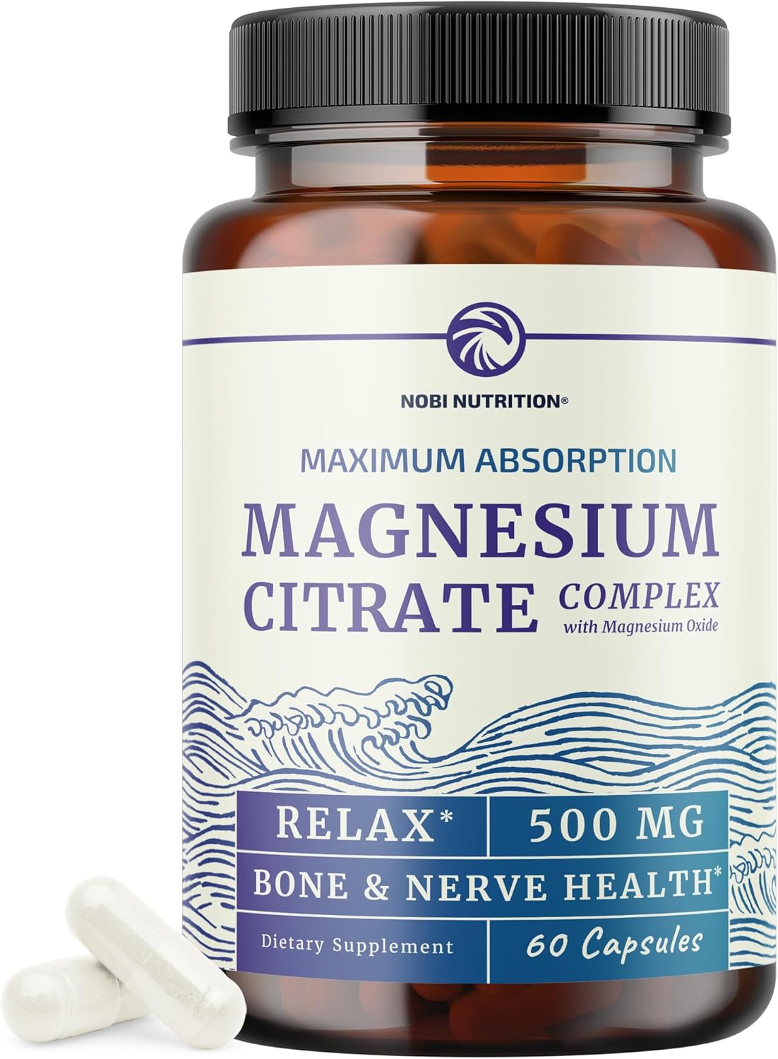 High Absorption Magnesium Citrate Complex for Calmness, Relaxation, Digestive Support | 500mg Supplement with Elemental Mag Oxide | Non-GMO, Soy-Free | 60 Ct (2 Month Supply)