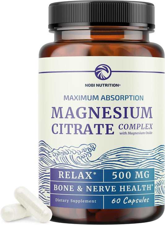 High Absorption Magnesium Citrate Complex for Calmness, Relaxation, Digestive Support | 500mg Supplement with Elemental Mag Oxide | Non-GMO, Soy-Free | 60 Ct (2 Month Supply)