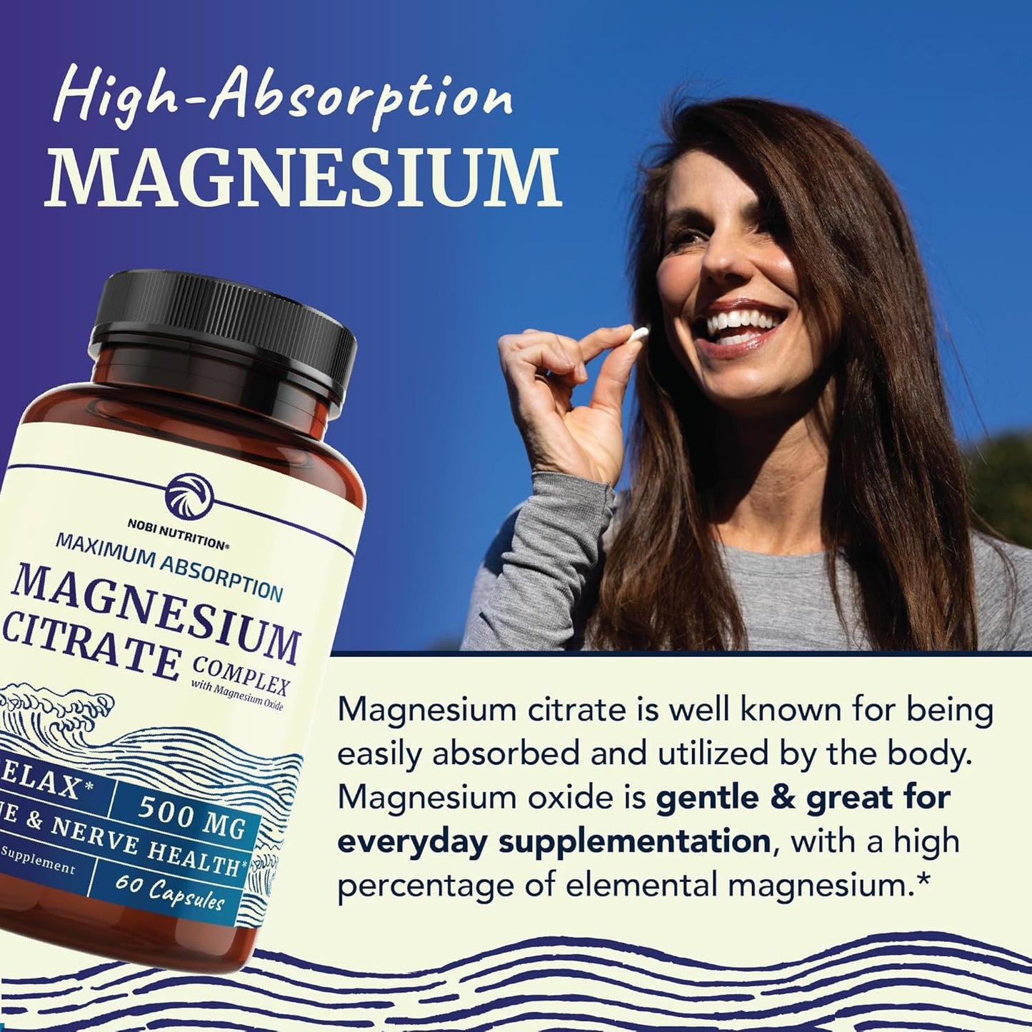 High Absorption Magnesium Citrate Complex for Calmness, Relaxation, Digestive Support | 500mg Supplement with Elemental Mag Oxide | Non-GMO, Soy-Free | 60 Ct (2 Month Supply)