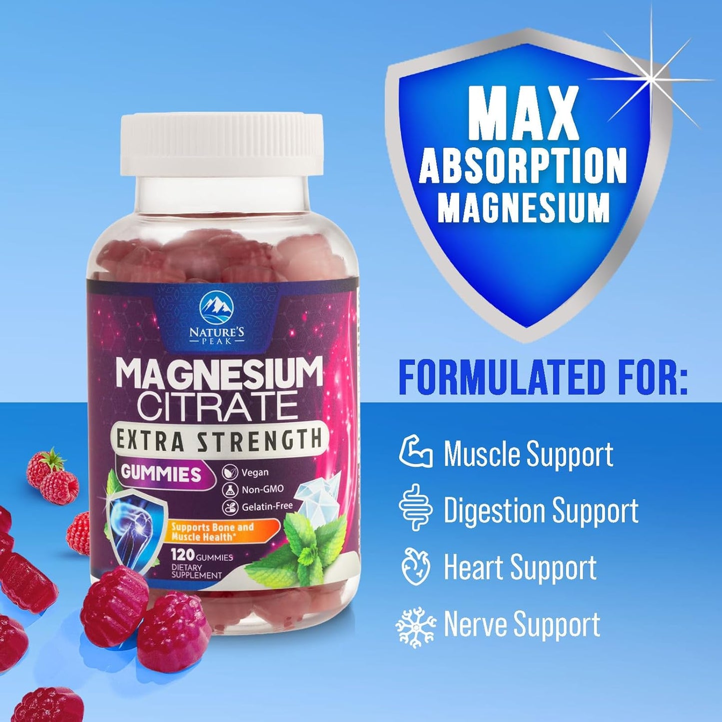 High Absorption Magnesium Citrate Gummies for Adults & Kids - Bone, Muscle, Heart Support - Vegan, Gluten Free - 120 Gummies
